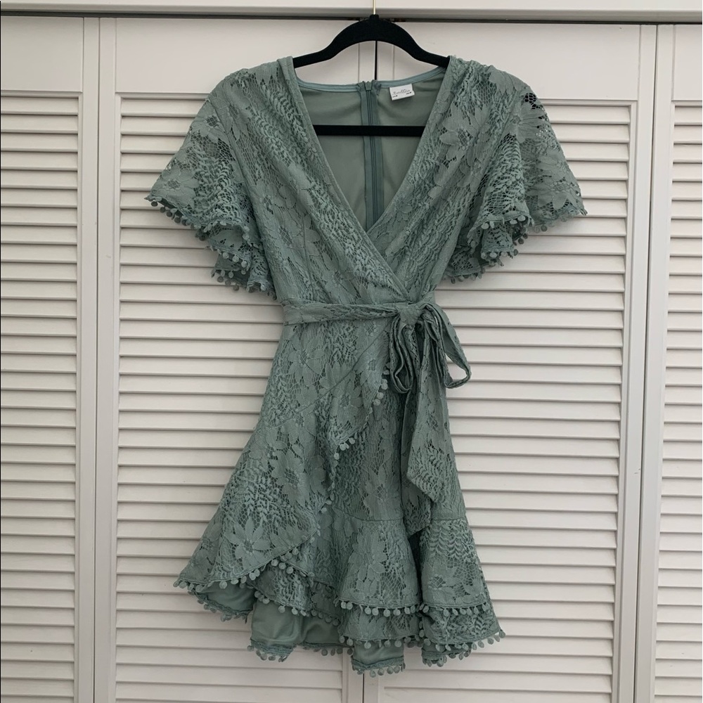 Selfie Leslie Sage Green Lace Wrap Dress